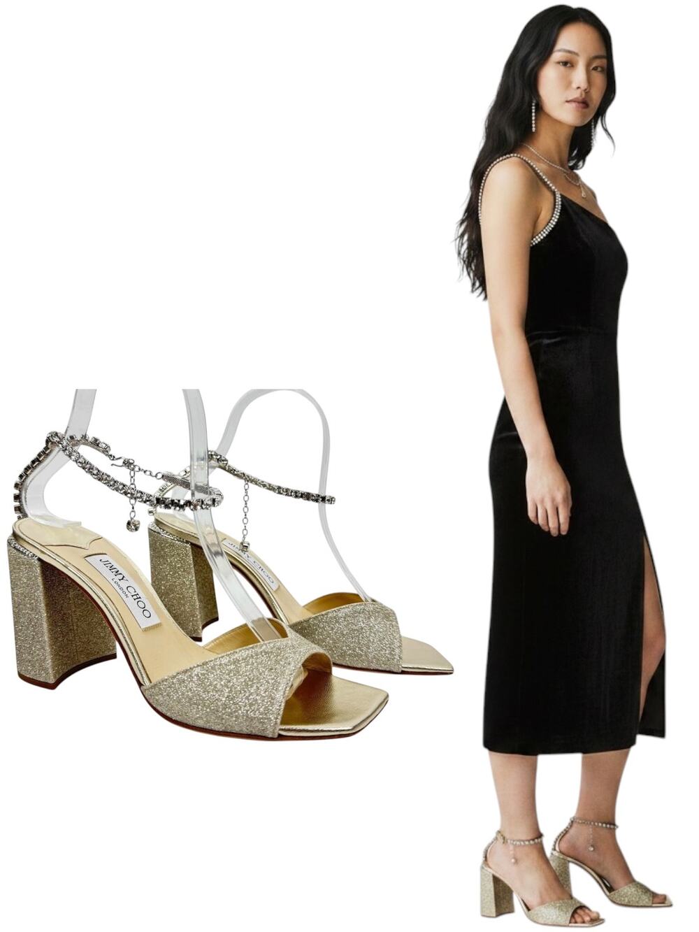 New Jimmy Choo Saeda Block Heel Glitter Crystals Sandals Platinum Size 38